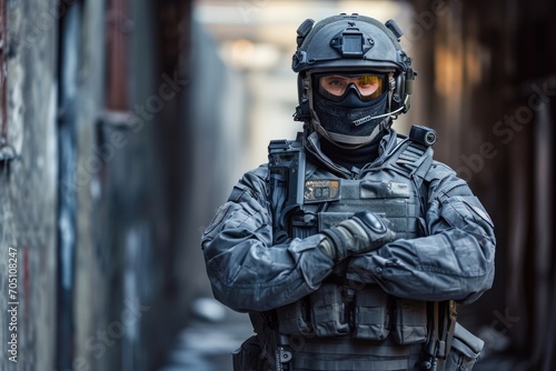 A special officer standing in full grey tactical gear bala © ORG