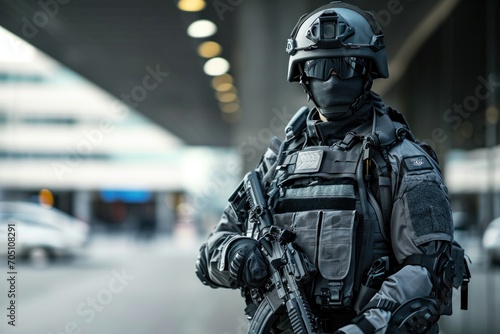 A special officer standing in full grey tactical gear bala