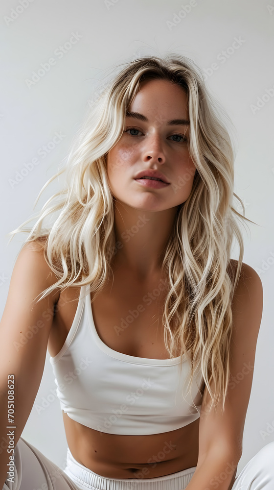 Obraz premium Blonde Model with Beach Waves in White Gym Clothes and Tennis Shoes on a White Background Generative AI