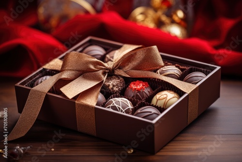 photograph of Chocolates and chocolate pralines in a gift box as a luxury holiday present, telephoto lens natural lighting --ar 3:2 --v 5.2 Job ID: 7629c9e0-b4c0-4ad5-a3d5-6273457a02e4 © ORG