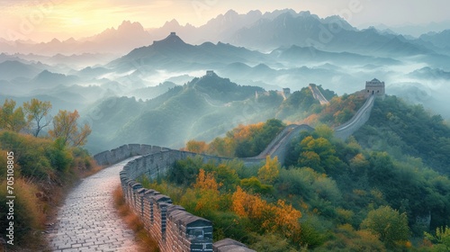 Create a panoramic view of the Great Wall of China, photo