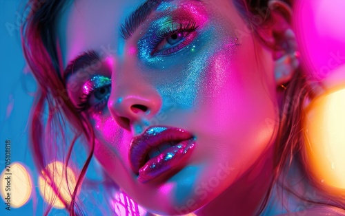 Colorful portrait of a beautiful young woman over colorful bright neon lights posing in studio