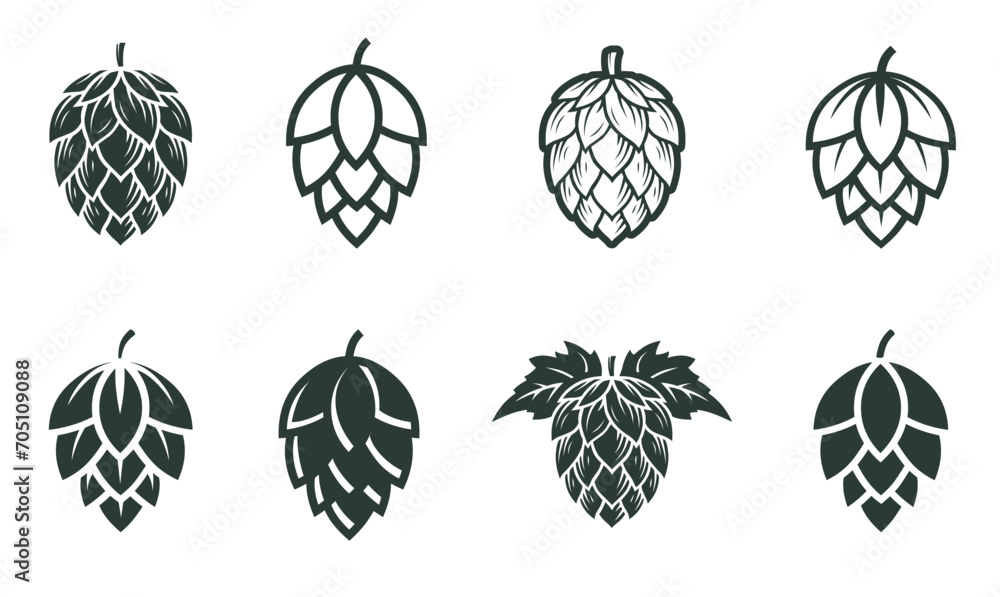 Set of hops flower. Silhouette of hops for beer logo - obrazy, fototapety, plakaty 