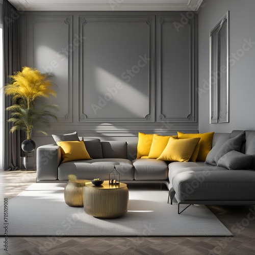Simulation of an exclusive living room corner in gray and sunny yellow colors in a minimalist way
 photo