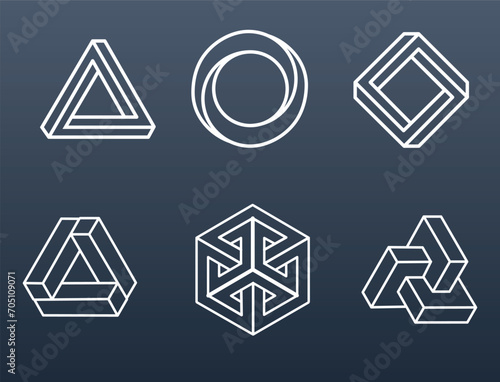 Abstract outline geometric shapes. Impossible geometric figures. Paradoxical outline geometric figures