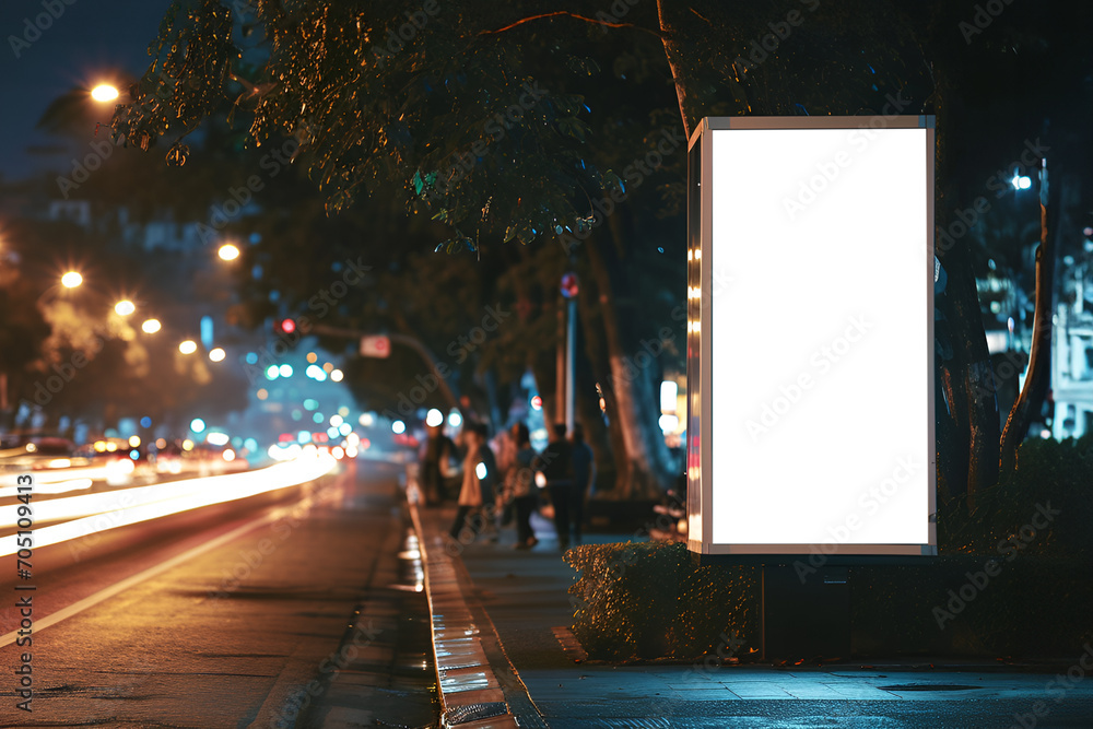 Empty billboard mockup at footpath or at roadside in city, side view blank billboard in city, Outdoor Advertising space in light box at bus stop in night, empty signage mockup.- Generative AI.