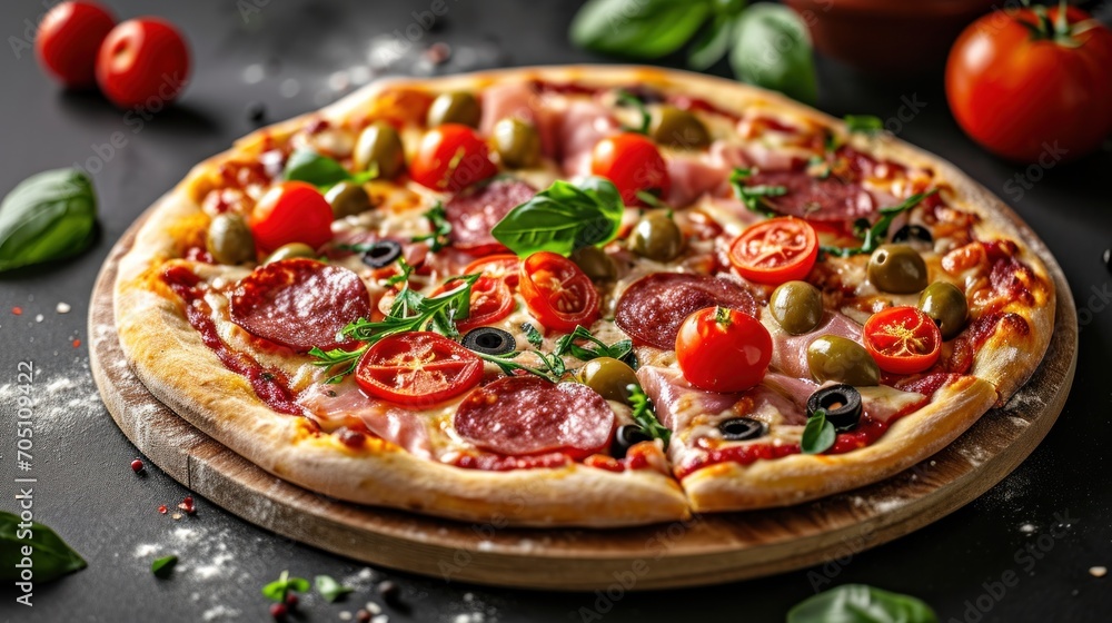 pizza filled with tomatoes, salami and olives. Vibrant color