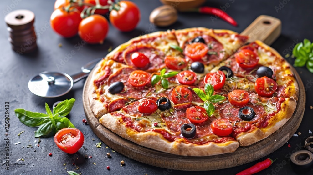 pizza filled with tomatoes, salami and olives. Vibrant color