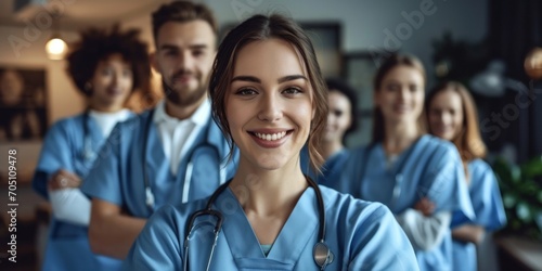 Portrait of happy young nurse in uniform with healthcare team