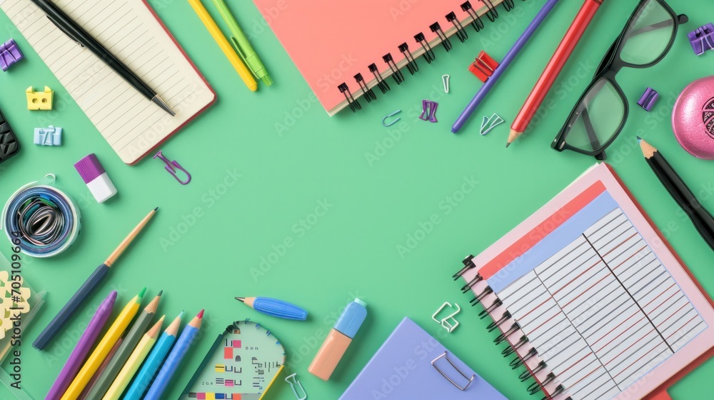 to school supplies, notepad and stationary on green background, to school supplies, notepad and stationary on green background,
