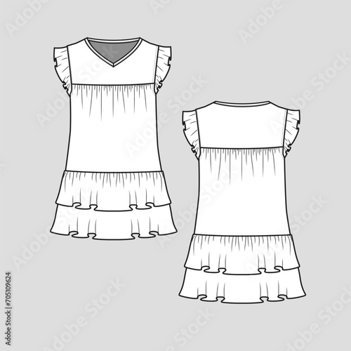 Ruffles peplum Dress v neck gathering armhole sleeve ruffle flounce flare hem t shirt dress blouse top fashion flat sketch technical drawing template design vector
