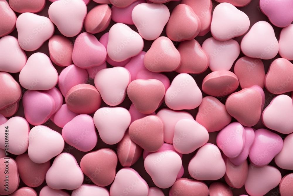 Top view of pink Valentine's Day background with pastel chocolate heart candies Top view of pink Valentine's Day background with pastel chocolate heart candies