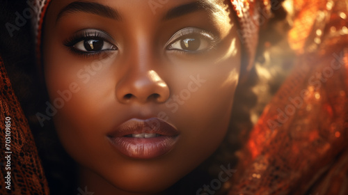 Graceful Diversity Portrait: Close-up shot celebrating the grace and diversity reflected in the face of an African American woman, high-resolution