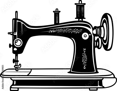 Vintage sewing machine Silhouette. Black solid shape of manual sew machine with with a thin elegant thread. Isolated vector illustration. AI generated illustration.