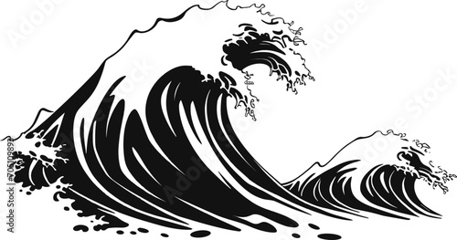 Sea waves handdrawn sketch. Sketch ocean wave. Vintage hand drawn ocean tidal storm wave isolated for surfing and seascape, vector illustration. AI generated illustration. photo