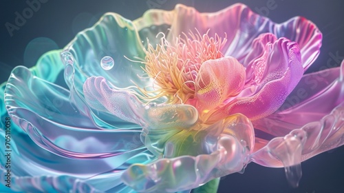 abstract fractal flower background, Marvel at the delicate beauty of an intricately designed rainbow flower crafted from a jelly-like substance. Perfect lighting accentuates every detail
