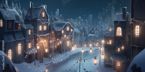 Illustration cartoon town with fairy-tale illuminated houses and empty streets