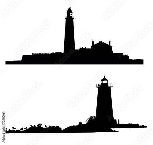 Silhouettes of two lighthouses on a white background