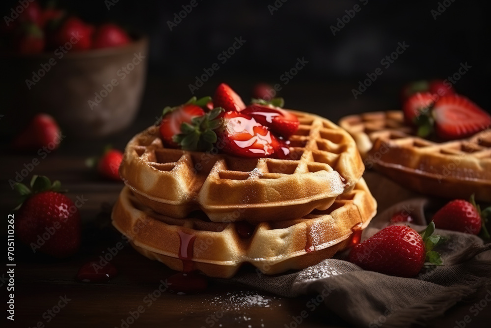 Close-up view of waffles with strawberries on the table with a blurred background Close-up view of waffles with strawberries on the table with a blurred background