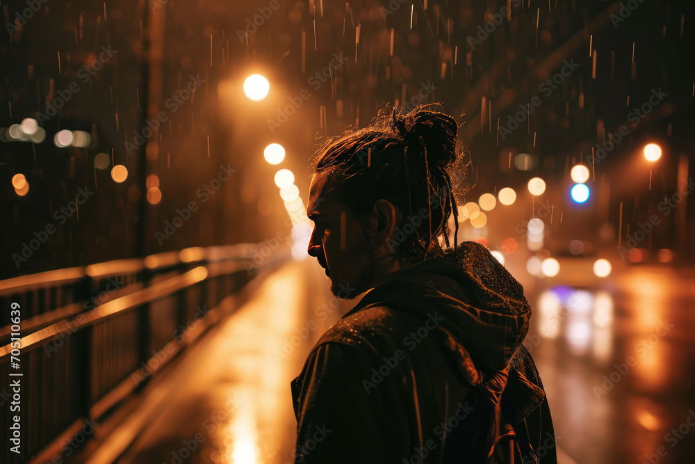 Obraz premium Rainy Night Encounter: Man With An Unusual Hairstyle On A Bridge