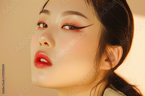 Stunning Asian Woman Showcases Glamorous Makeup Against Beige Background