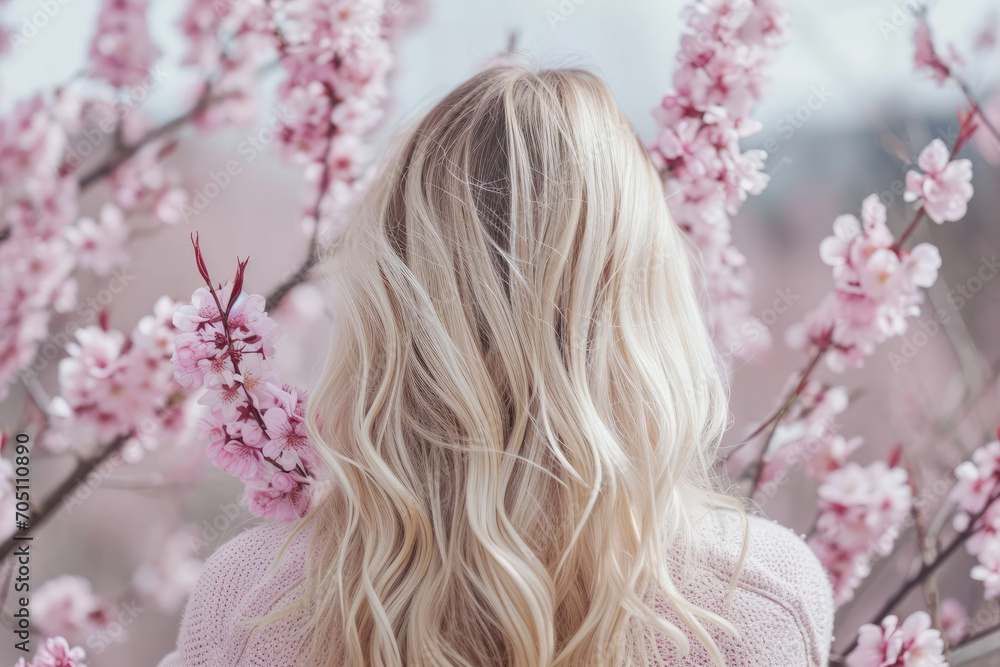 Naklejka premium Blonde Woman Embracing A Blossoming Sakura Branch