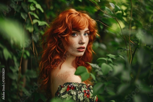 A woman with vibrant red hair and freckles, wearing a floral dress, in a lush green forest setting. photo