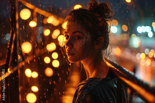 Beautiful Young Woman With Chignon On The Bridge Night In The Rain