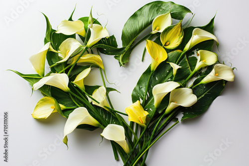 Calla Lilies Laid Out In Heart Shape On White Background Top View