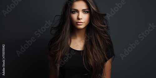 Young beautiful woman long hair with dressed in a black t-shirt.
