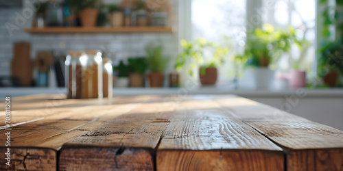 Empty beautiful wood table and blur bokeh modern kitchen interior background in clean and bright