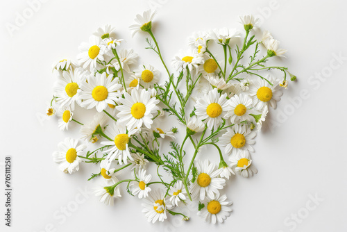 Top-View Image Of Daisies Arranged In A Heart Shape On A White Background