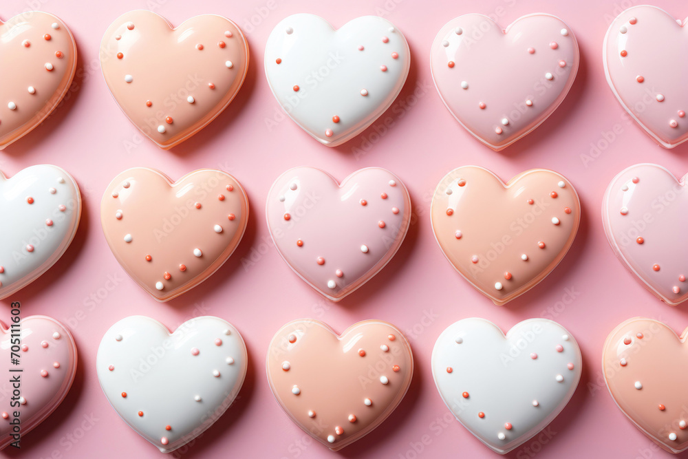 Food background, heart shaped homemade glazed cookies, pink pastel background, top view.