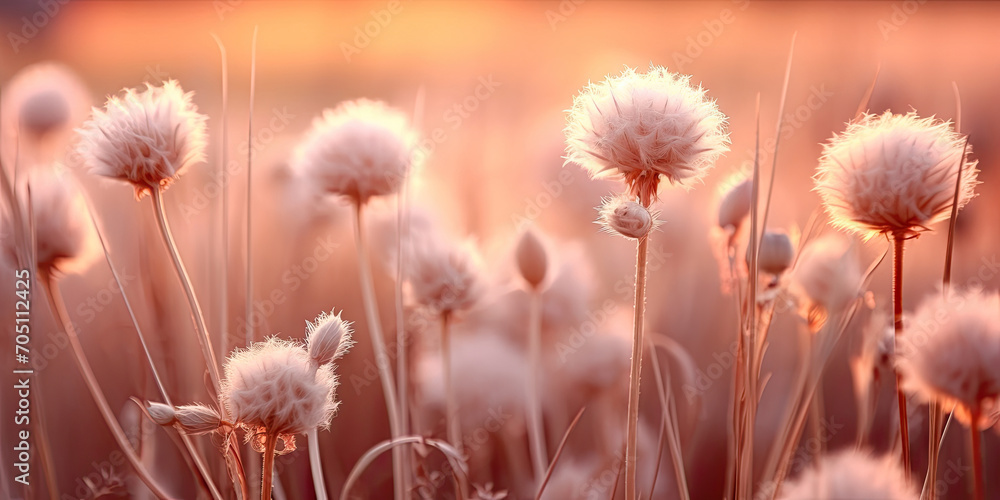 a field of white flowers with the sun shining in the background. Peach fuzz Wild grass and flower at sunset sky. Sunny summer or autumn nature backdrop. for nature-themed designs,