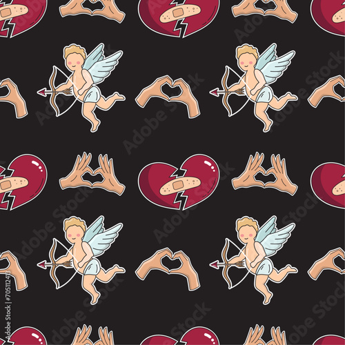 Seamless vector Valentines day pattern. Love pattern with hearts and Cupid. Heart with hands.