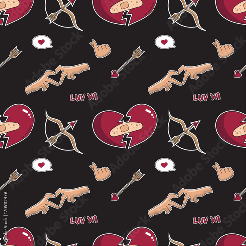 Seamless vector love pattern with a broken heart, a cupids arrow and a heart with hands. Break up.
