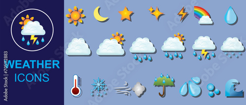 Weather icon set. Weather icons for web. Climate symbol. Forecast weather flat symbols. Modern weather vector set. Cloud vectors. Sun, clouds, rain and lightning vectors.
