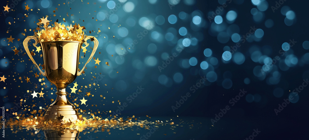 Golden victory trophy and golden stars with copy space Golden victory trophy and golden stars with copy space