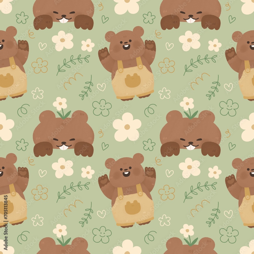 Fototapeta premium Seamless pattern with cute cartoon animal marmot and flower daisy doodle Watercolor for Happy Groundhog Day2 February printable postcard print greetings card banner poster