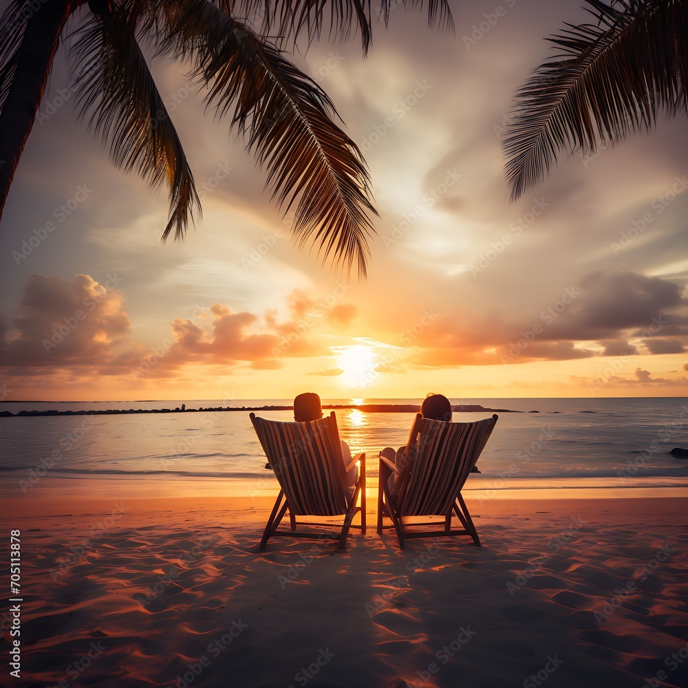 Ein Paar sitzt am Strand und bewunder einen schönen Sonnenuntergang