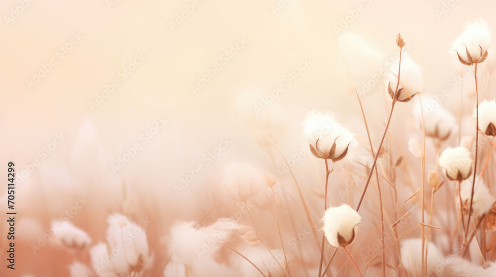 Beautiful meadow with wild grass and cotton flower soft peach fuzz background  - obrazy, fototapety, plakaty 