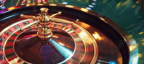 Casino roulette wheel spinning in motion with a copy photo