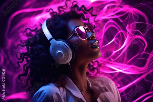 diverse beautiful black woman dj  in headphones with pink neon lights listening to music, dancing. Music concert, funk, soul, rap, hip-hop party poster. © Dina