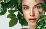 A young beautiful woman with green leaves near her face. Concept for skin care and beauty treatments