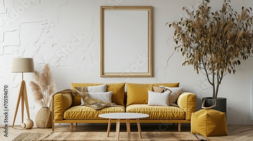 Mock up frame in home interior background, beige room with minimal decor. photo