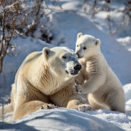 Petit Ours polaire joue avec sa maman 