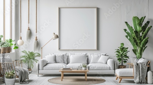 Mock up frame in home interior background, beige room with minimal decor. © Juan