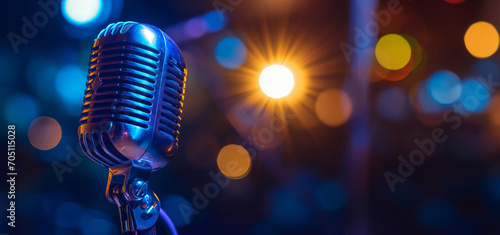 Microphone on neon background with copy space