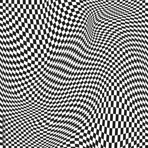 Seamless checkered pattern. Distorted optical illusion banner. Op art checkered curved pattern.