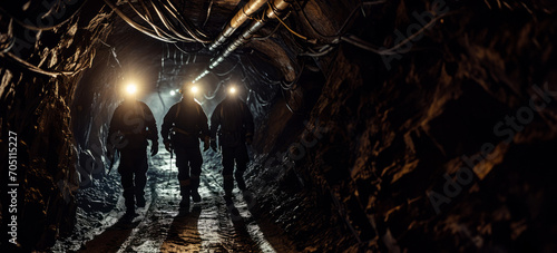 Silhouette of miners in an underground coal mine with copy space photo